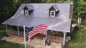 Aerial View of the Front of a House With Metal Roofing