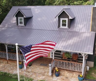 Aerial View of the Front of a House With Metal Roofing