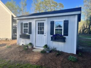 An Outdoor Garden Shed With Two Planters in Front of the Windows Outdoor DIY Projects