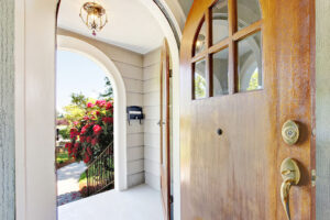 Closeup of an Opened Old Wooden Entryway Door Exterior Door Installation